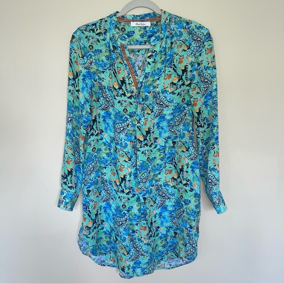 Robert Graham Women’s Carmen Tunic Mini Dress M 100% Silk Teal/Multi Printed - Picture 2 of 7
